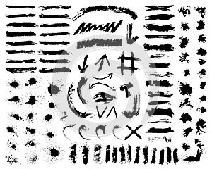 Big black brushes collection. Paint brush splashes, strokes, lines. Set of freehand drawing artistic elements on white background