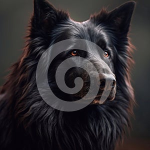 Big black dog portrait. Black dog with long hair, brown eyes, herding breed.