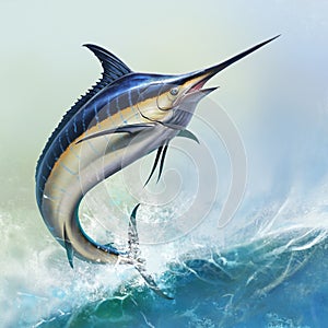 Big black marlin jumps sea waves background.