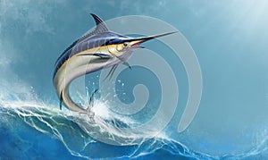 Big black marlin jumps sea waves background horizontal. Black Swordfish extreme fishing on the high seas.