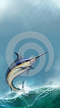 Big black marlin jumps sea waves background vertical mobile version.