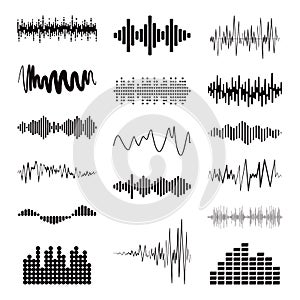 Big black sound wave collection. Set of isolated audio logos, design symbols. equalizer elements. Pulse music players