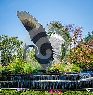 Big black swan statue on green forest and grass with blue sky and water flow - photo