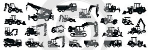 Big black-white set of construction equipment. Collection of commercial equipment for construction work. Excavator