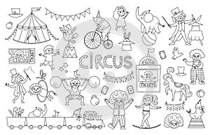 Big black and white vector circus set. Street show animals, tent, artist collection. Amusement holiday line icons pack. Bear on