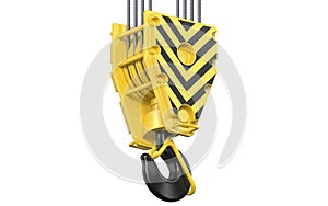 Big black and yellow construction towe crane hook block hanging on steel ropes. 3d render of overhead hookblock isolated