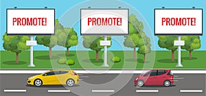 Big Blank Billboard, Poster, Board, Banner template with urban landscape. Large promotional banner with cars and city