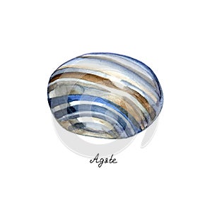 Big blue agate gem painted in watercolor on white background