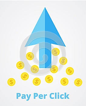 Big blue arrow and many coins. Pay per click marketing, advertising concept. PPC pay per click flat online internet marketing