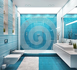 Big blue bathroom design with shower