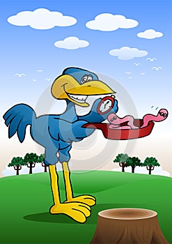 big blue bird bring a worm in fry pan ready to cooked