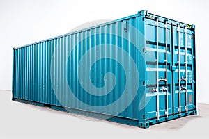 Big blue cargo container isolated on white background. The concept of cargo transportation by sea and land. Generative AI