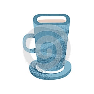 Big blue cup for tea and coffee. Ceramic mug with small saucer. Pottery vessel for hot drinks. Flat vector with texture