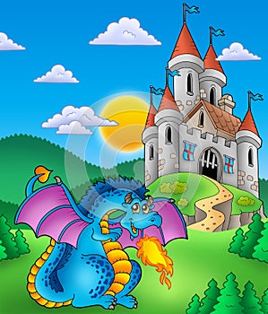 Big blue dragon with medieval castle