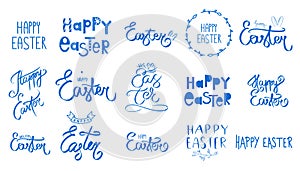 Big blue easter set. Collection Happy Easter Day handwritten sign. Spring style. April Sunday holiday. Hand drawn lettering