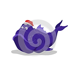 Big blue fish in Santa`s hat. Christmas pet in cartoon style. Isolated image of sea monster