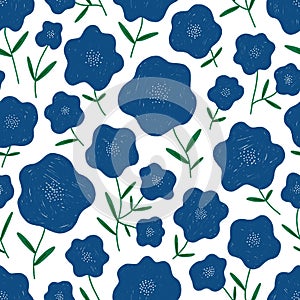 Big blue flowers on white background, seamless pattern illustration