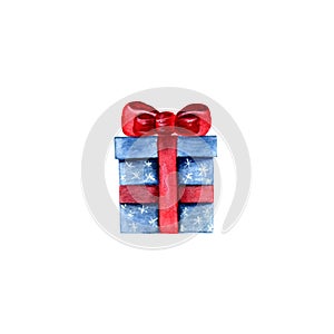 Big blue gift box with a red bow isolated on white background .Watercolor illustration