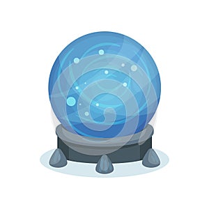 Big blue magic ball on gray stand. Crystal sphere with sparkles inside. Flat vector for mobile game or children book