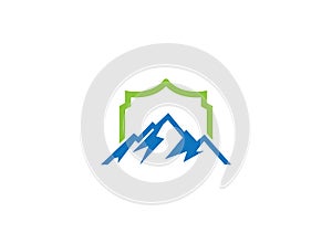 Big blue mountains with sun up and ice snow for logo design illustration