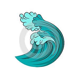 Big blue ocean wave with black outline isolated on white background. Stormy sea water. Isolated vector design