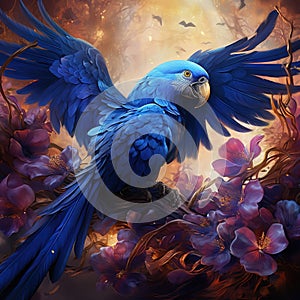 Big blue parrot Hyacinth Macaw Anodorhynchus hyacinthinus wild bird flying on the dark blue sky action scene in the nature