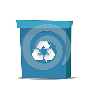 Big blue recycle garbage can with recycling symbol on it. Trash bin in cartoon style. Recycling trash can. Vector illustration