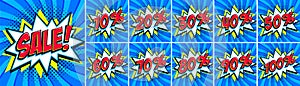 Big Blue sale set. Sale inscription and all percent numbers. Blue and red colors. Pop-art comics style web banners