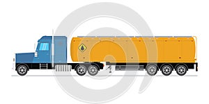 Big blue semi truck with yellow fuel tank. Oil industry truck design. Cartoon petroleum tank. Side view