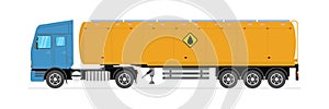 Big blue semi truck with yellow fuel tank. Oil industry truck design. Cartoon petroleum tank. Side view