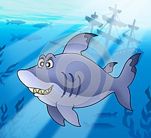 Big blue shark with shipwreck