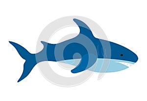 A big blue shark swims in a flat style on a white background. Vectra clip art with a sea animal. Dangerous fish with large jaws