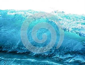 Big blue stormy sea wave isolated on white background. Climate nature concept. Front view