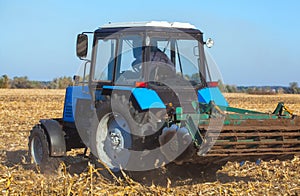 Big blue tractor plows the field and removes the remains of previously mown corn. photo