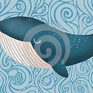 A big blue whale on blue and off-white sea wave background