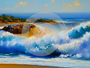Big blumarine waves break on the sandy beach at sunset on a hot summer evening. Sea or ocean landscape. Drawing