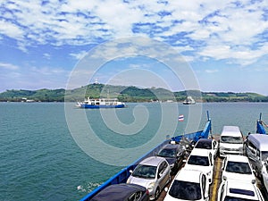 big boat ferry contain car and passenger across land and island. full carrier shipping transportaion on marine