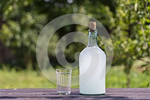 Big bottle of moonshine or vodka and empty glass on wooden table in sunny summer day in garden