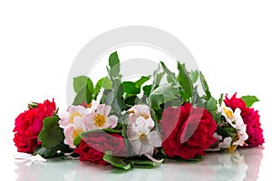 big bouquet of beautiful red and pink roses on white background