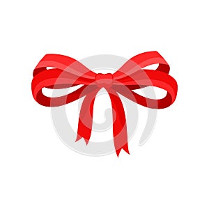 Big bow made of red satin ribbon. Bright decor for gift box. Flat vector element for greeting card or advertising flyer