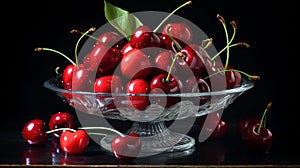 Big bowl of red cherries on dark background