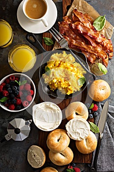 Big breakfast with bacon and scrambled eggs