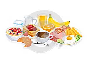 Big breakfast with many food and drinks vector illustration