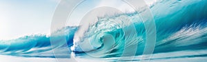 Big breaking blue ocean wave. Surfing summer wave banner