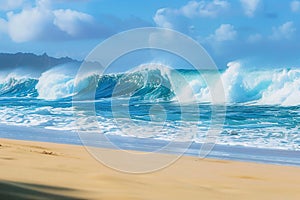 Big breaking Ocean wave on a sandy beach on the north shore of Oahu Hawaii.