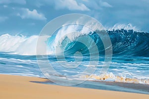 Big breaking Ocean wave on a sandy beach on the north shore of Oahu Hawaii.