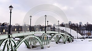 Big bridge in winter park in Tsaritsyno Moscow