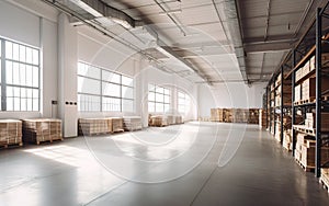 Big bright warehouse with boxes