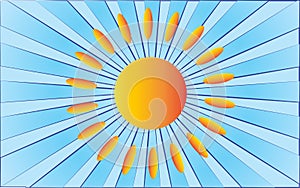 Big bright yellow hot sun against a background of abstract blue rays. Vector illustration