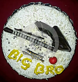 Big bro.white forest birthday cake,best wishes with chocklate and small silver ball